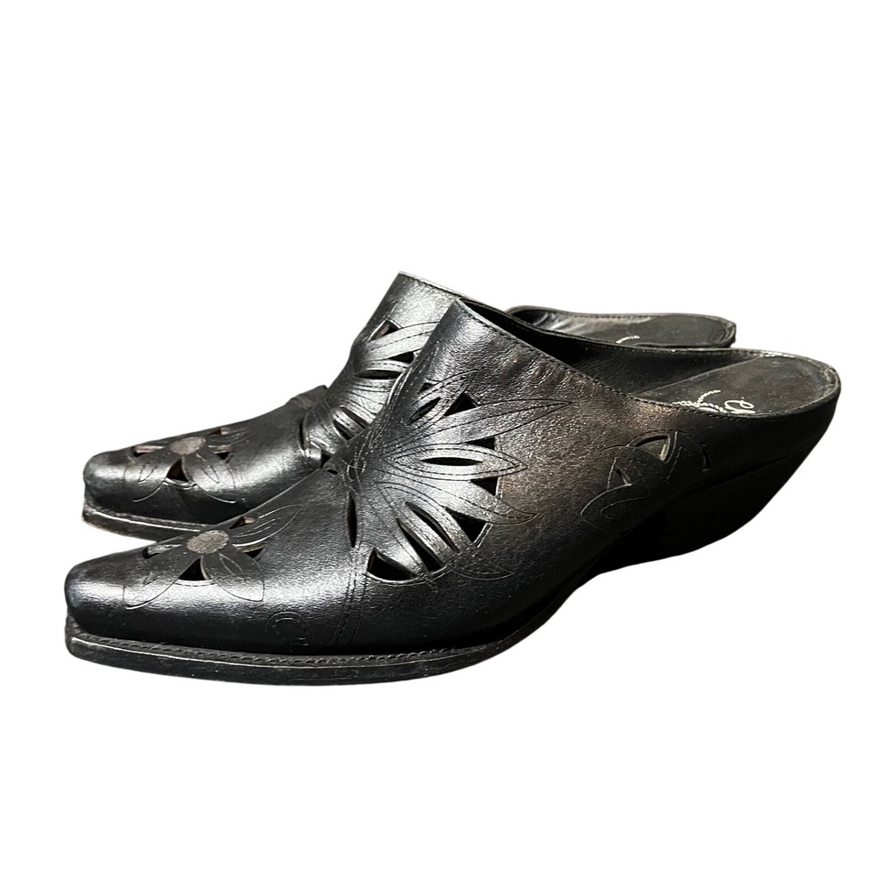 Charlie 1 Horse Mules Womens 7B Black Leather Cutout Floral Western Snip Toe